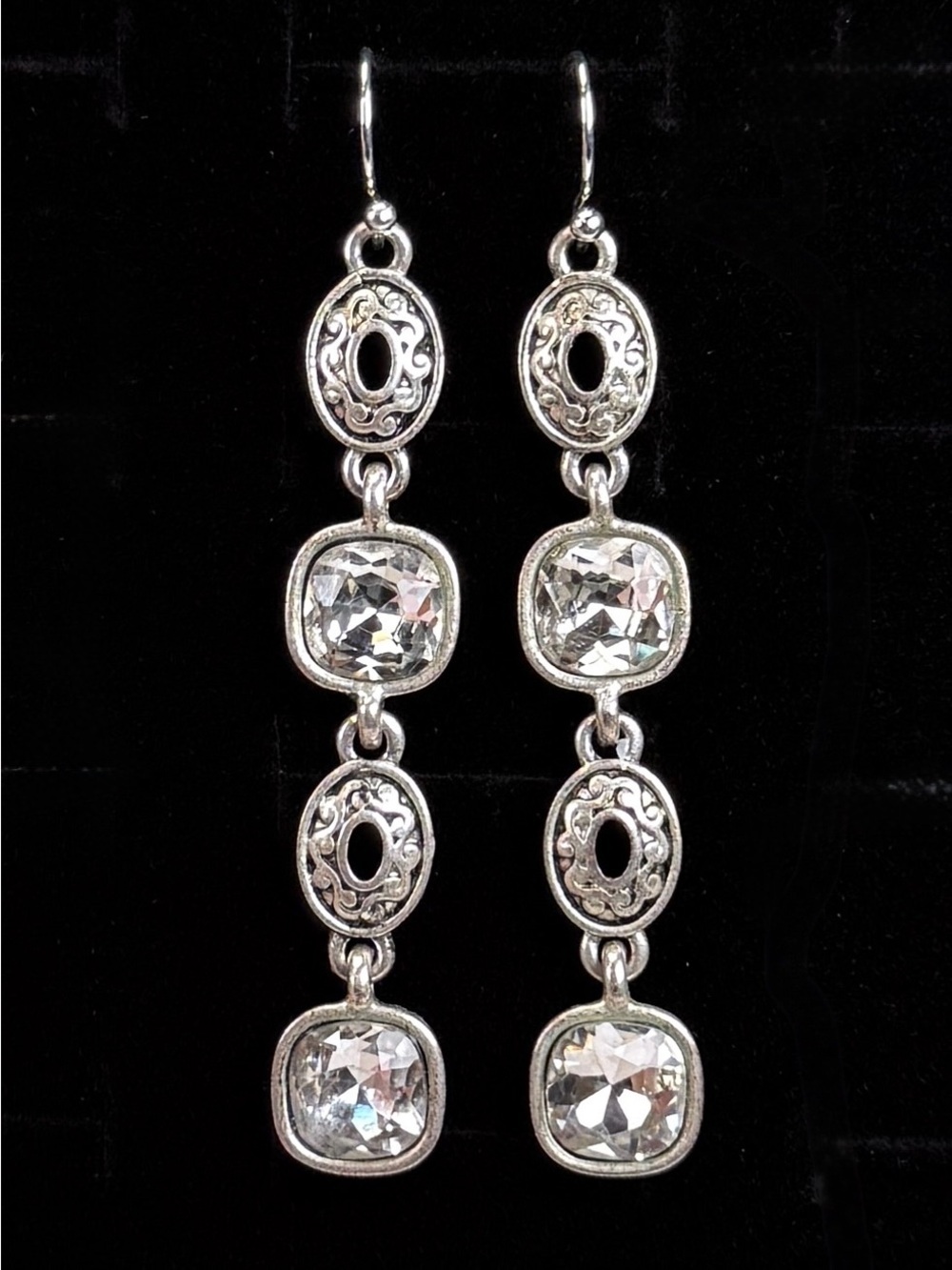 Vintage Silver Patina Long Dangle Earrings Clear Faceted Statement Drops